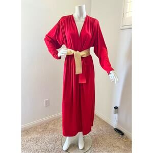 vintage 80s Documented Bill Tice Plunging front Red & Gold jersey belt dress
